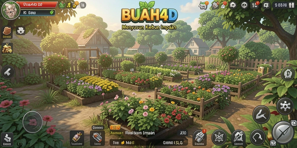 Tangkapan layar dari gameplay BUAH4D menampilkan suasana pertanian yang cerah.