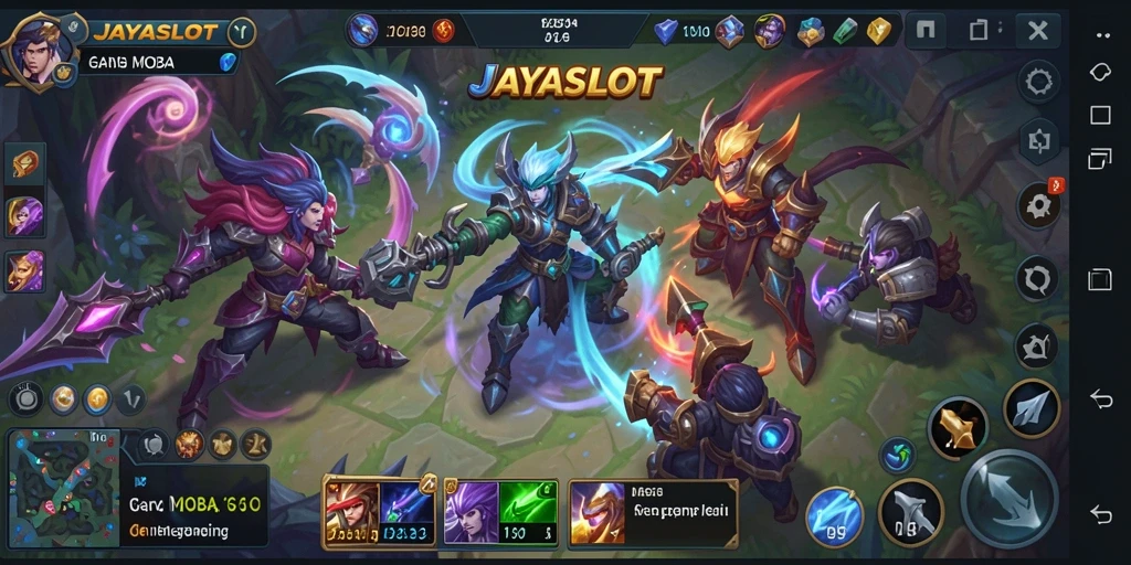 Screenshot gameplay menegangkan dari JAYASLOT dalam pertempuran tim MOBA.