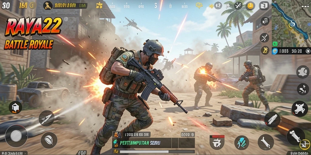Tangkapan layar RAYA22 menunjukkan aksi seru dalam pertempuran Battle Royale.
