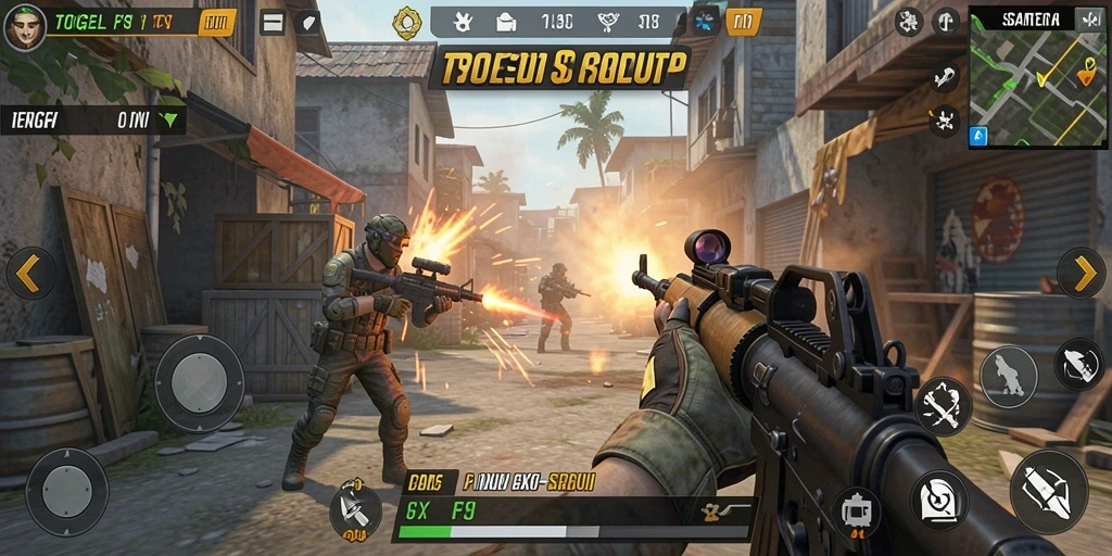 Screenshot gameplay TOGELUP yang mendemonstrasikan aksi tembak-menembak intens.